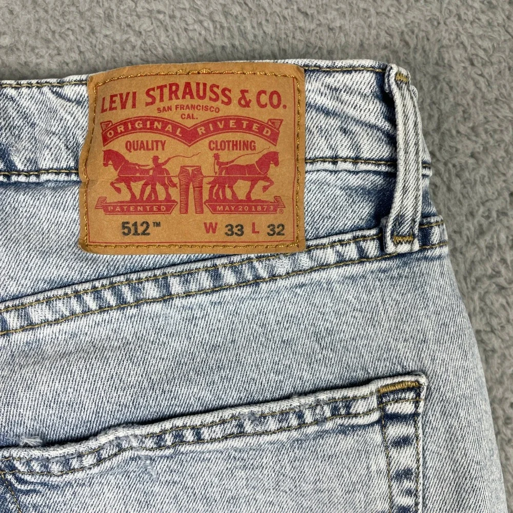 Levis 512 Slim Taper Jeans Mens 33x32 (Fits 31x29) Light Wash Distressed Raw Hem